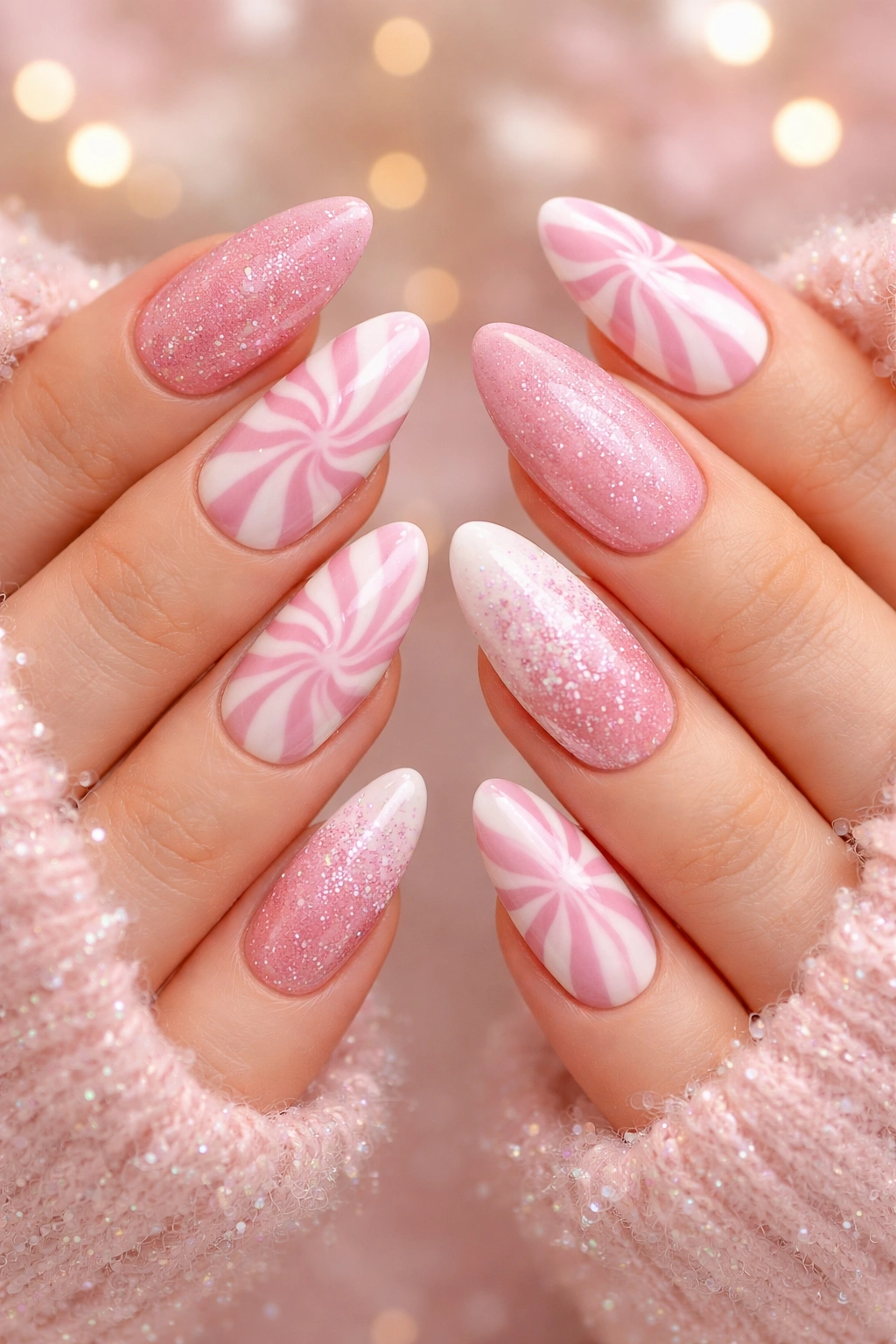 Pink and white peppermint swirl nails with shimmer and glitter