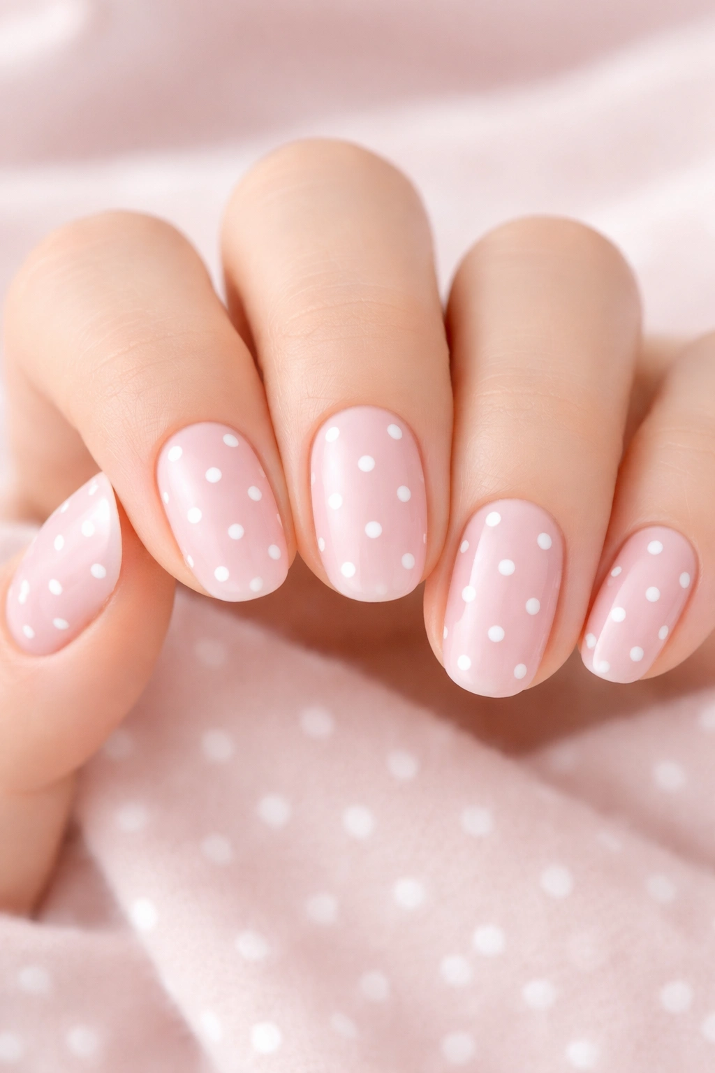 Close-up of nails with pale pink base and white polka dots, feminine manicure