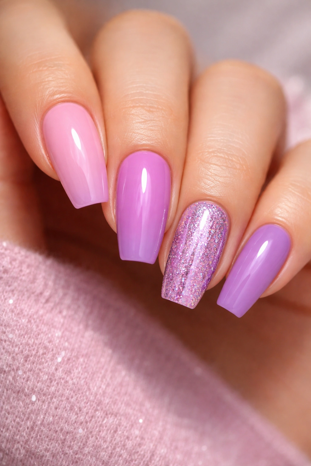 Nails in pink and purple tones with gradient or solid colors and glitter accent