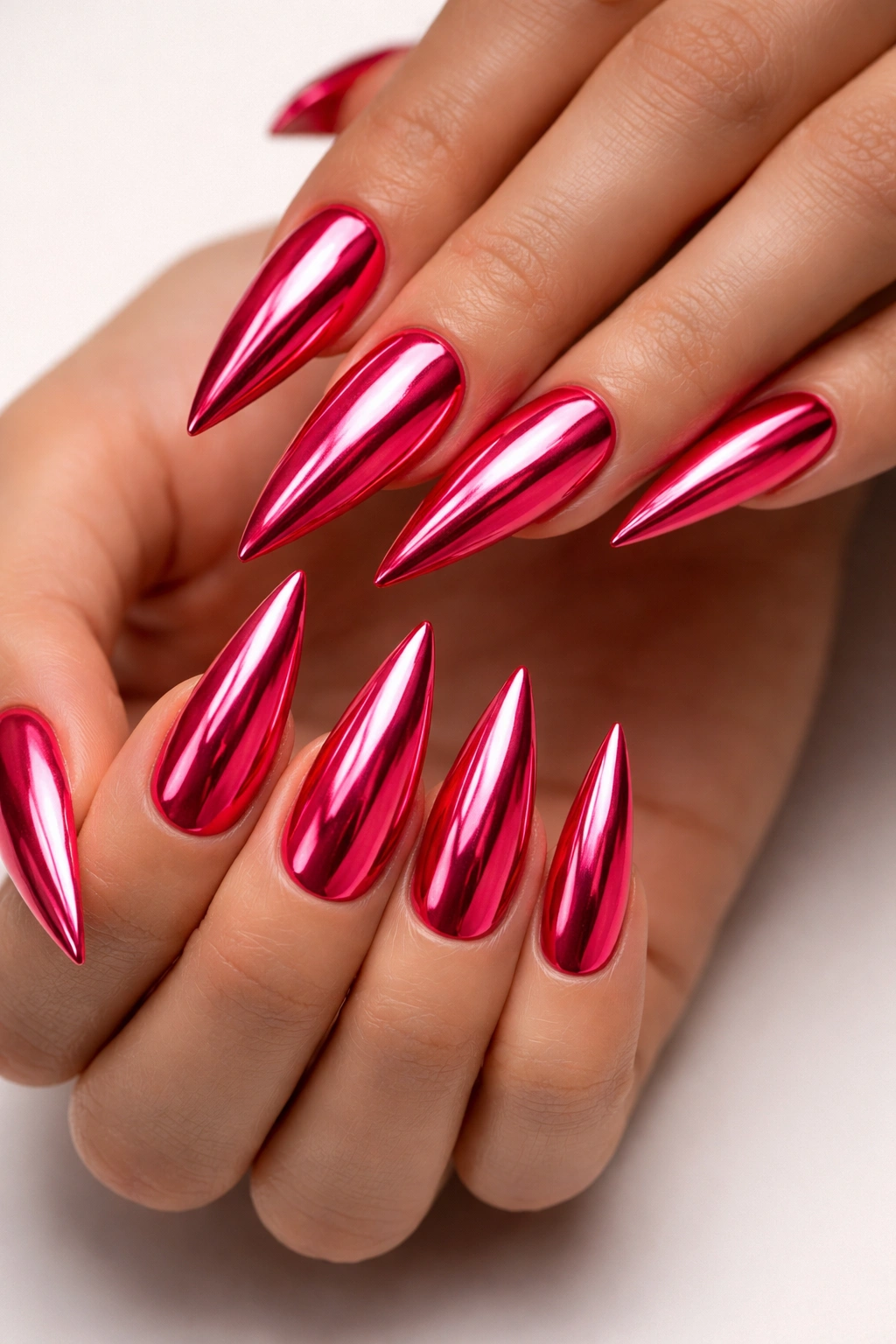 Bright pink-red stilettos with chrome mirror finish on white background