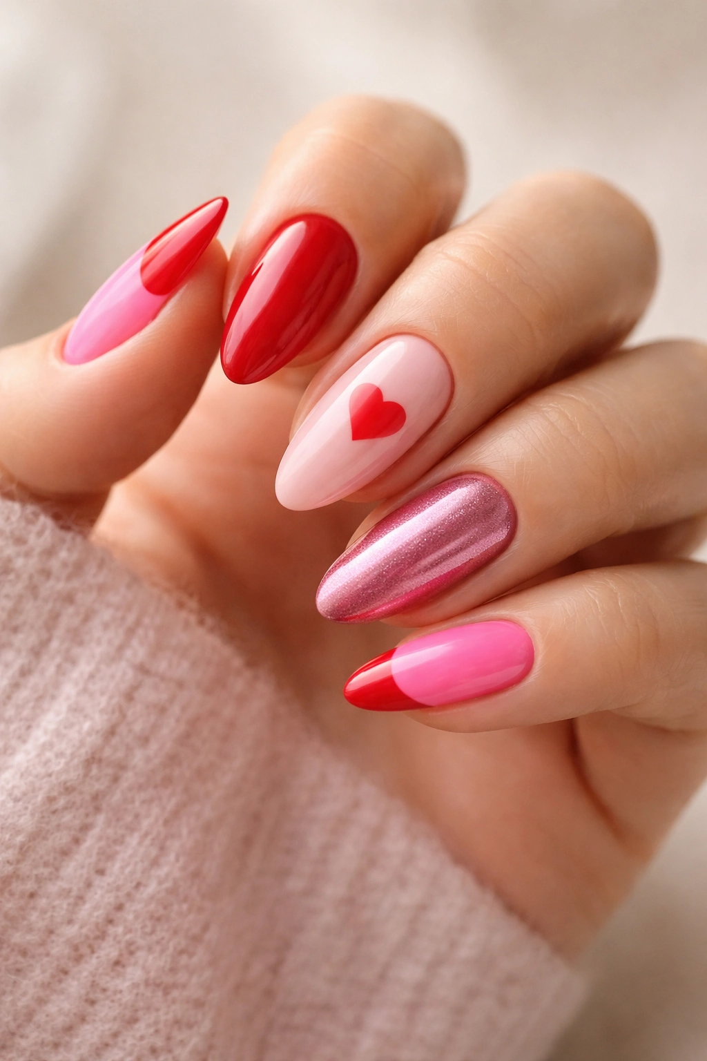 Hand displaying nails with different pink shades and red accents