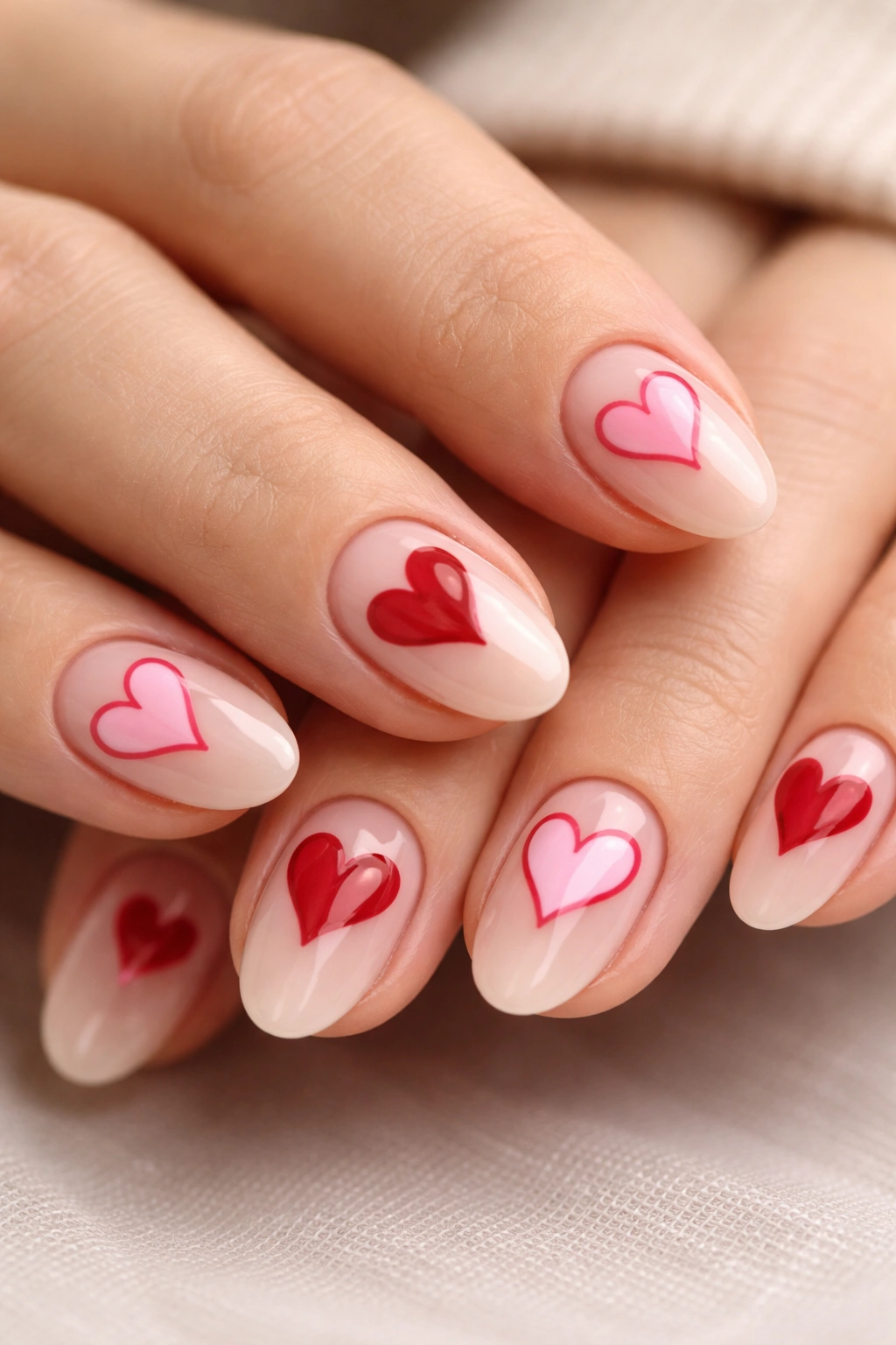 Close-up of short almond nails with alternating pink and red two-tone hearts