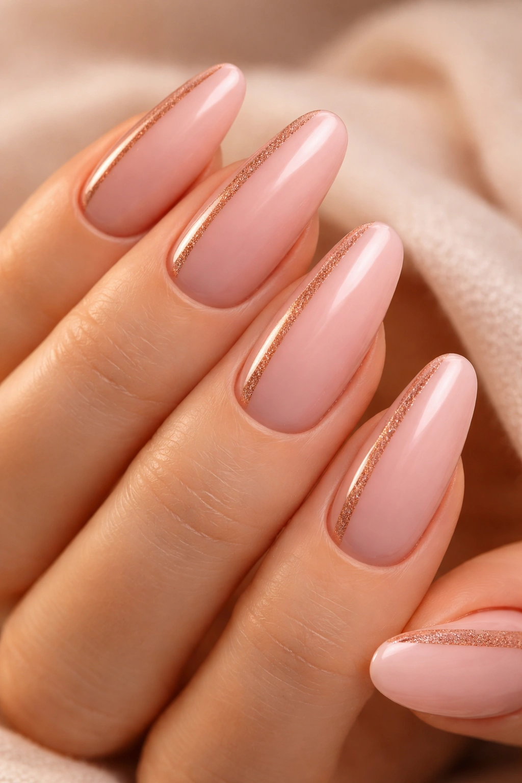 Close-up of nails with blush pink base and rose gold side stripe
