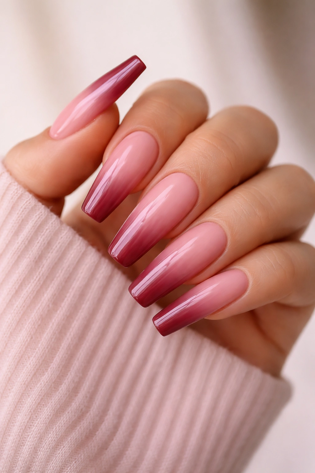 Close-up of long coffin nails in blush pink to deep rose ombre on a light background