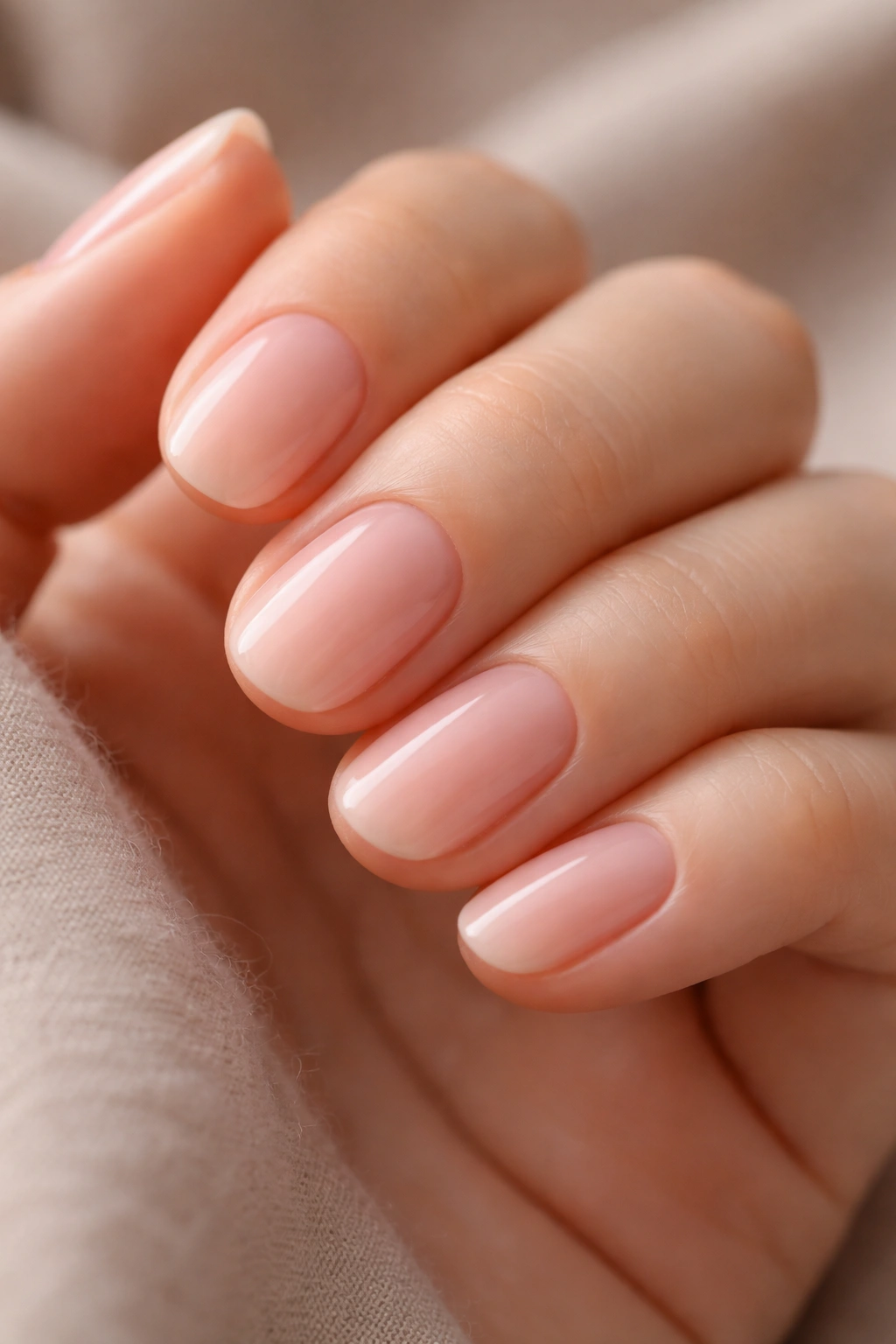 Close-up of short oval nails with a pink sheer base all over.