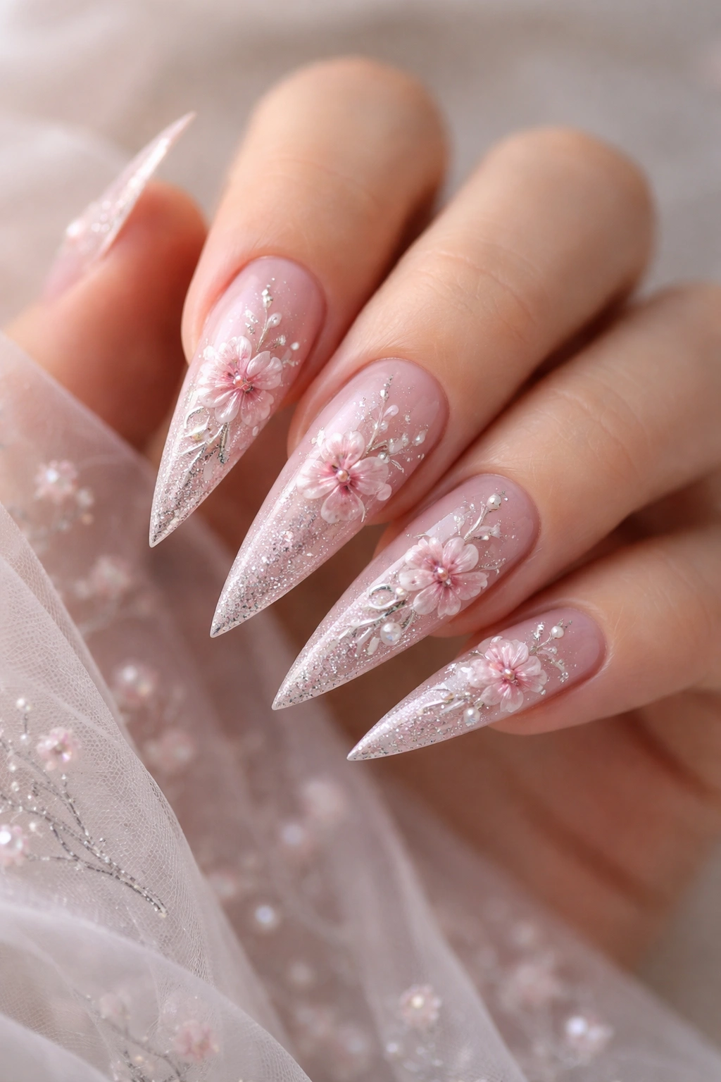 Close-up of delicate pink and silver floral designs on stiletto nails
