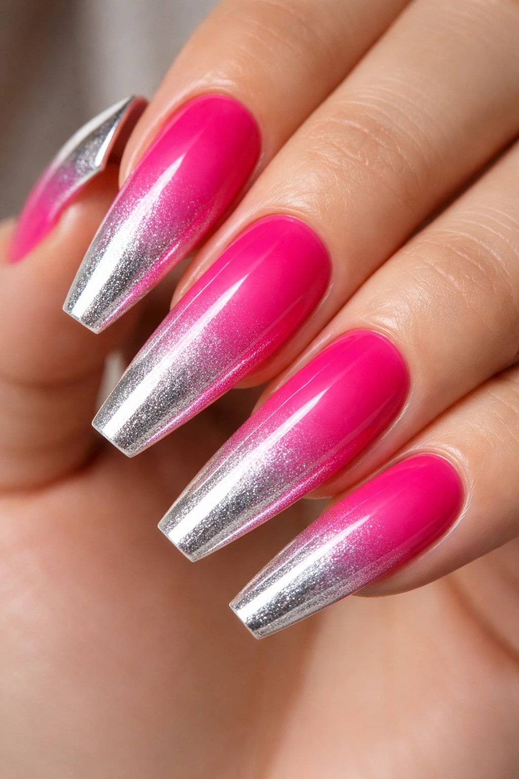 Coffin nails with hot pink gradient fading into silver ombre at tips