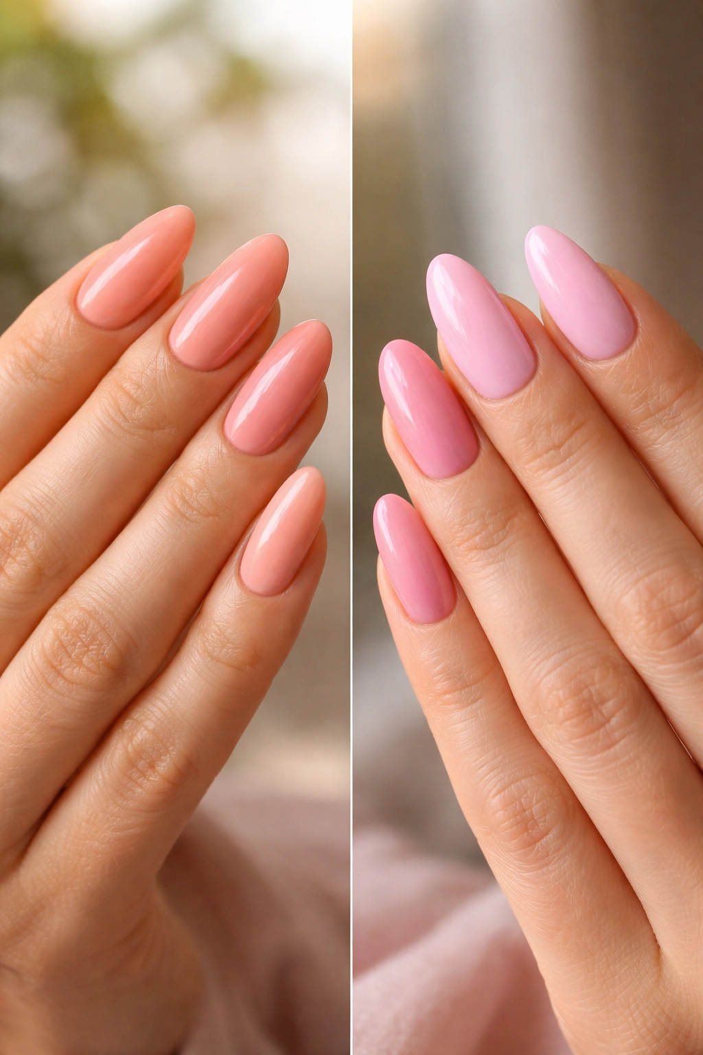 Hands showing nails in various pink tones to compare warm and cool shades.