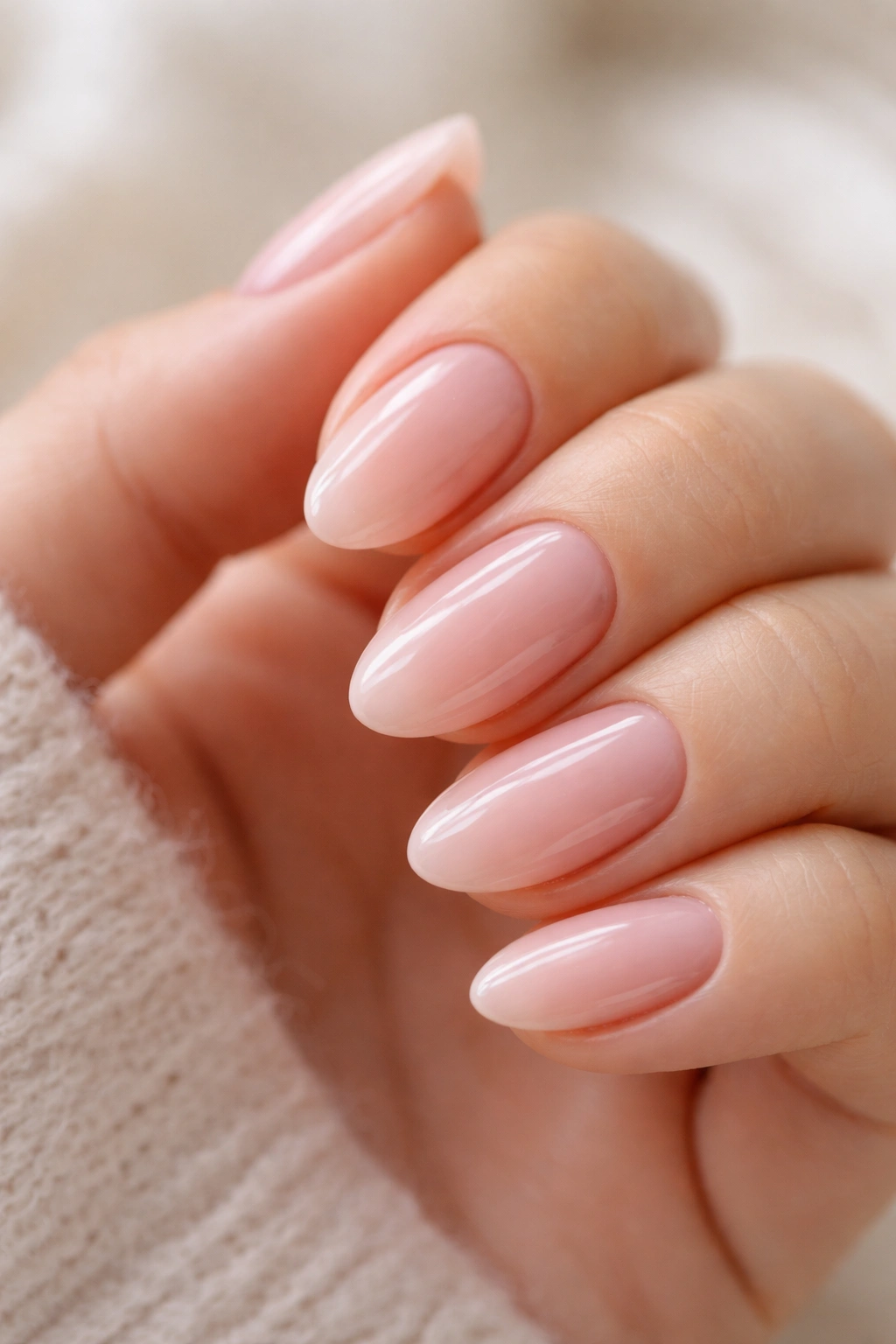 Short almond pink soap nail with translucent wash and clean shine