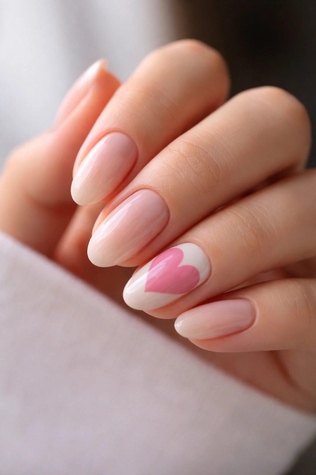 Close-up of short almond nails with a pink and white split-heart accent nail on a nude base
