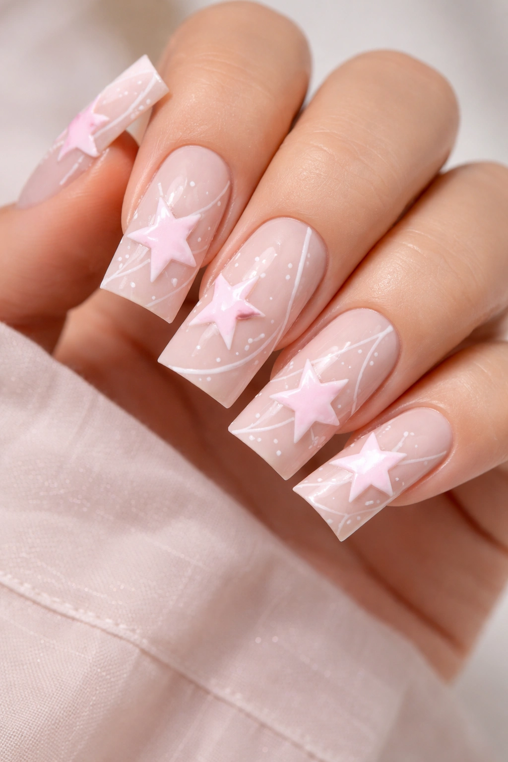 Close-up of nude duck nails with pink stars and white accents