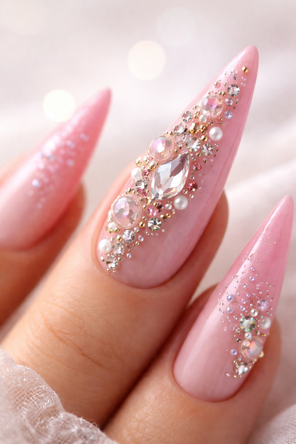 Pink stiletto nail with rhinestones and pearls in a 3D embellishment design