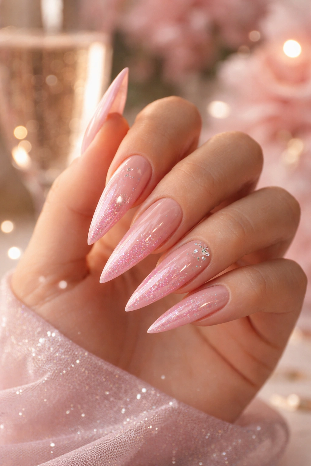 Close-up of pink stiletto nails in a celebratory elegant design