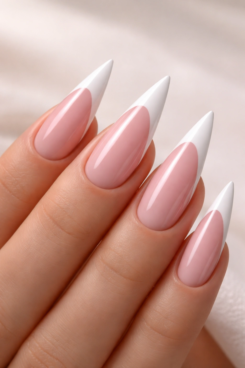 Close-up of pink stiletto nail with white French tip