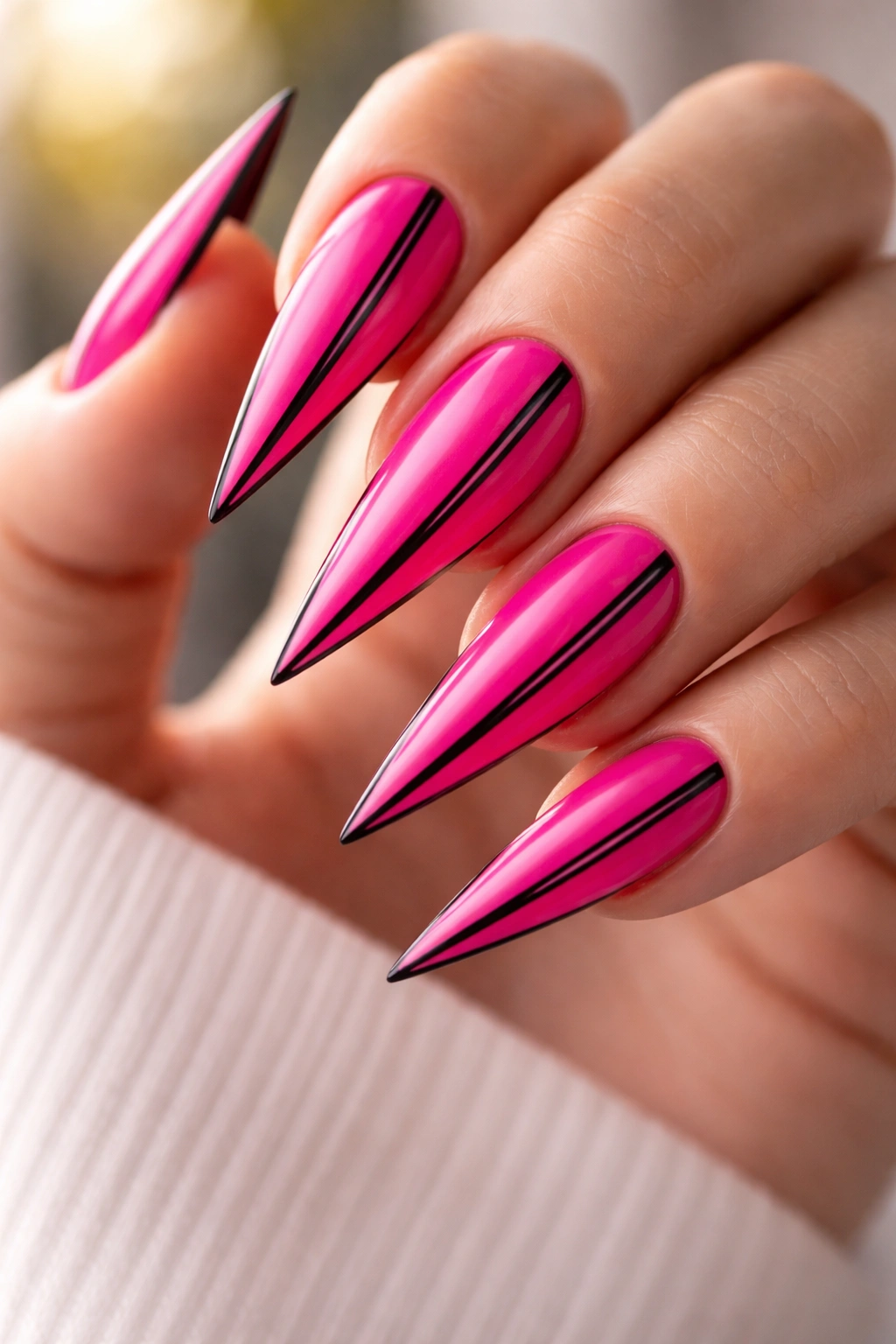 Close-up of hot pink stiletto nails with thin black stripes