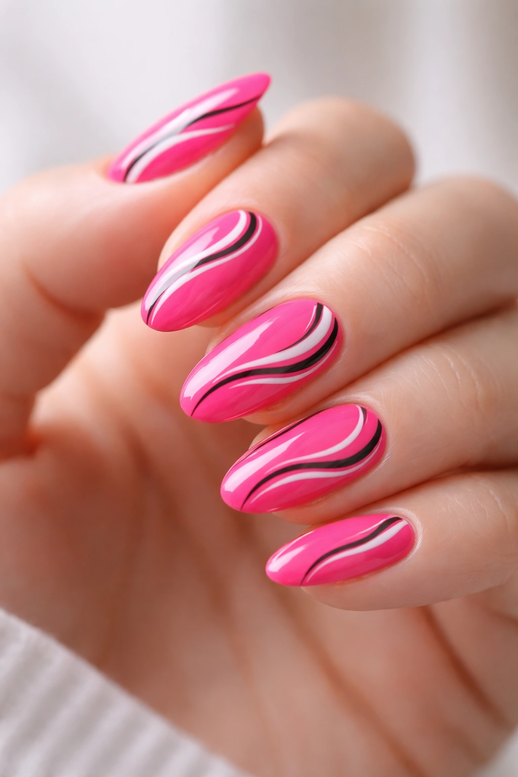 Close-up of hot pink almond nails with swirl art