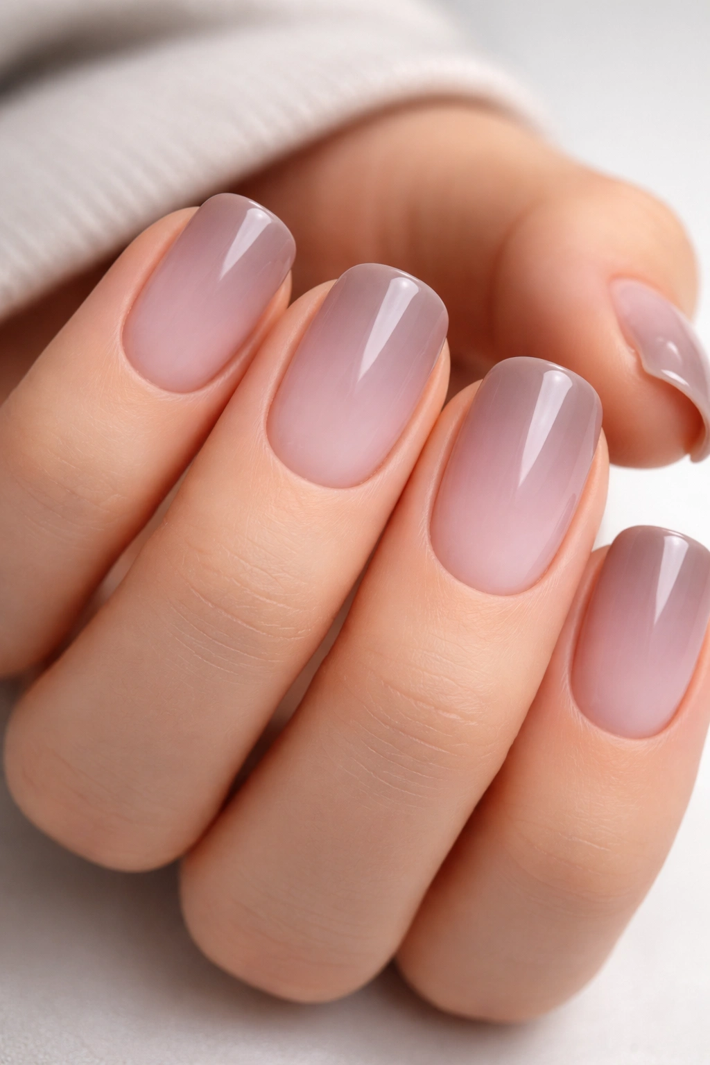 Close-up of nails with cool pink to taupe ombre.