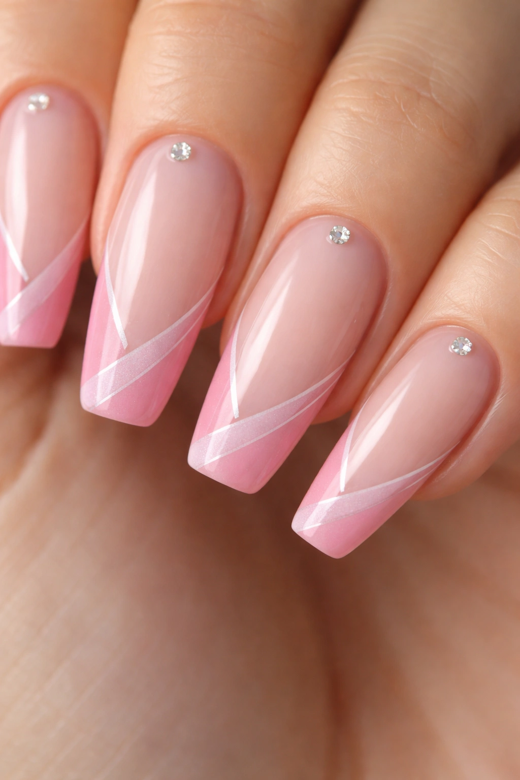 Nails with diagonal double-pink tips and a thin striping line