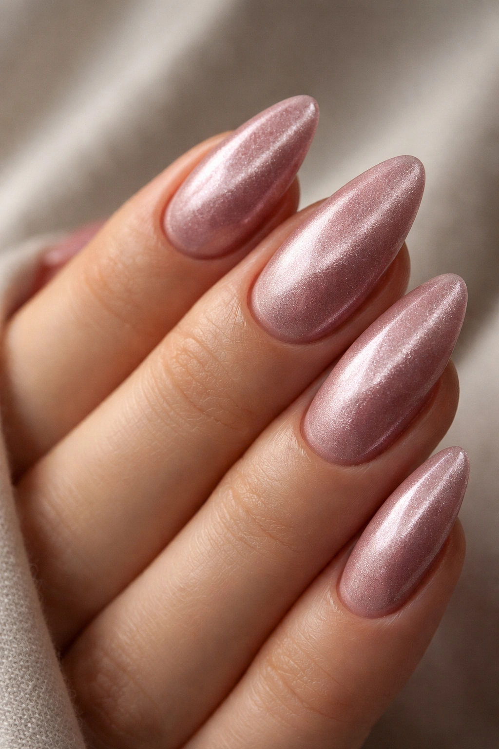 Close-up of pink velvet almond nails showing plush texture
