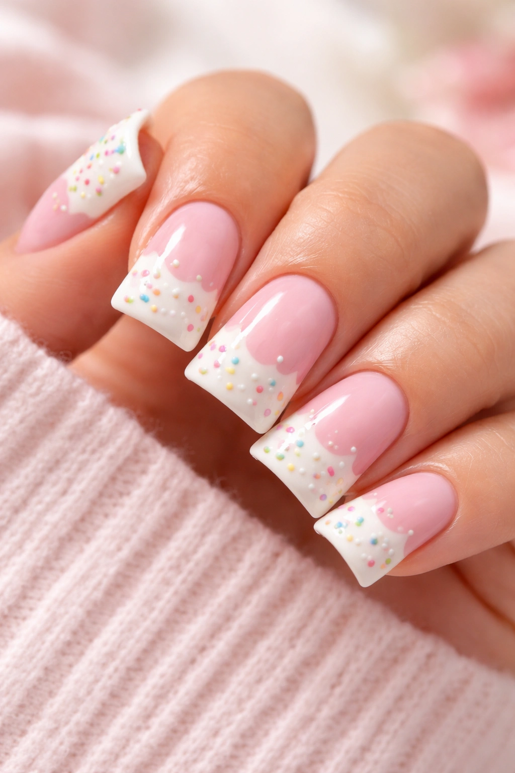 Short duck nails two-tone pink and white with rainbow sprinkle accents