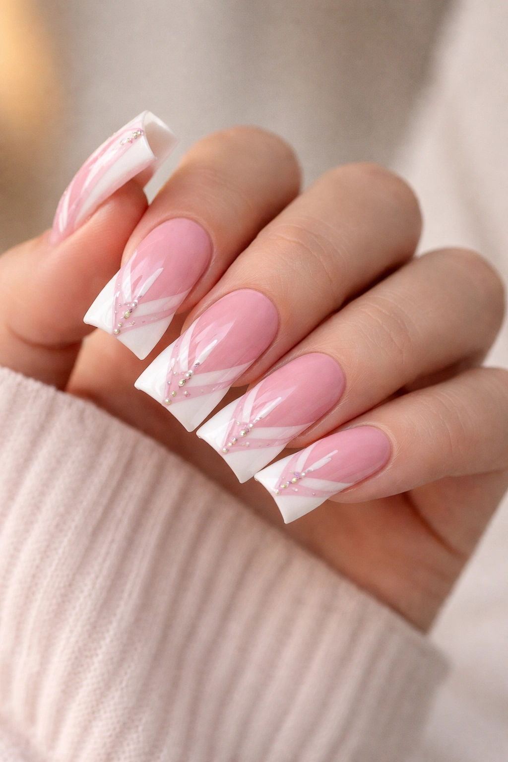 Close-up of pink and white duck nails on a hand with glossy finish