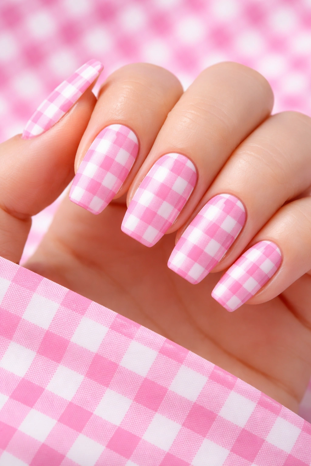 Nails with pink and white gingham check pattern