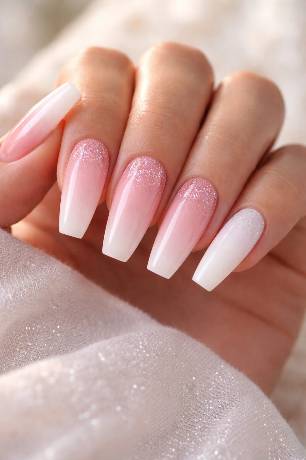 Close-up of pink and white ballerina nails with a glitter cuticle fade and a solid white nail