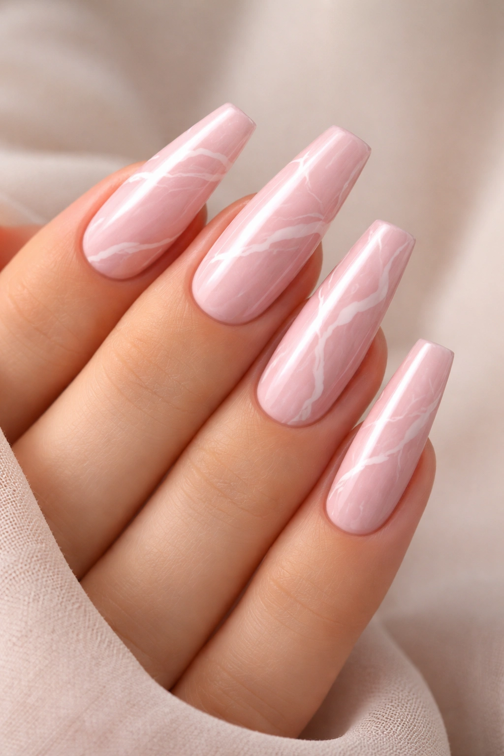 Pink nails with white marble pattern on long coffin nails