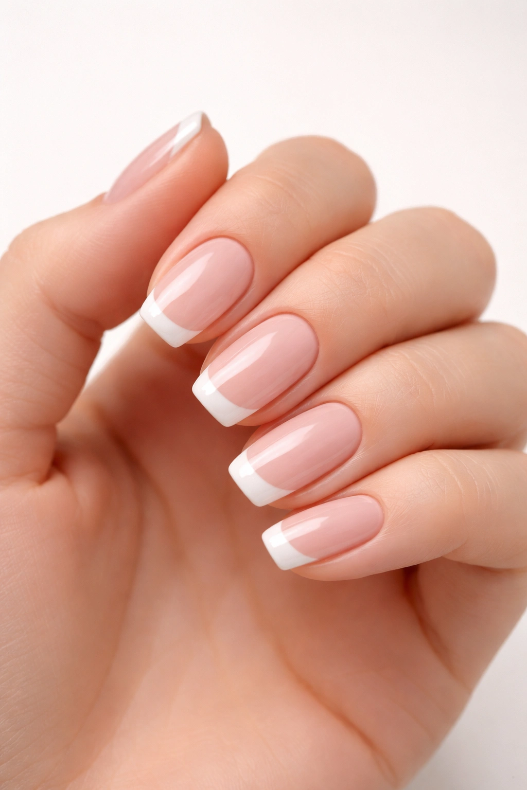 Close-up of a hand with pink and white minimalist nails in a clean manicure