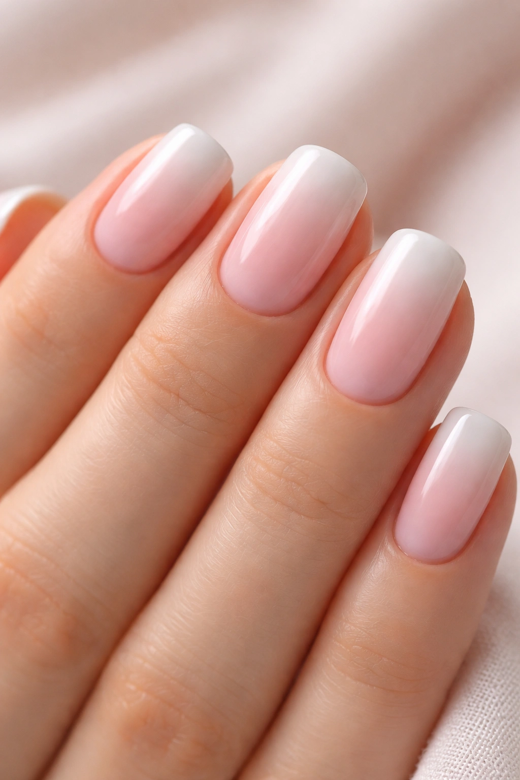 Close-up of soft pink to white ombre squoval nails with glossy finish.