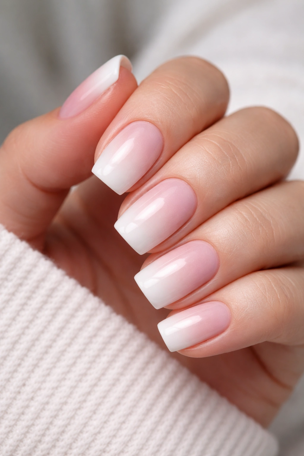 Close-up of pink to white ombre squoval nails