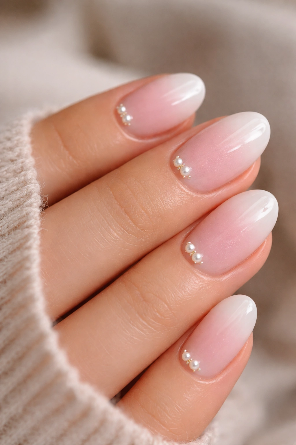 Close-up of short oval nails with pink and white ombre and tiny pearl accents
