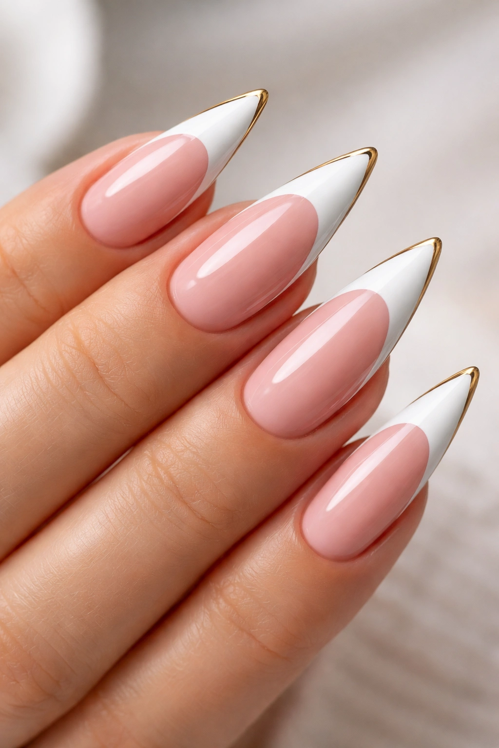 Close-up of pink and white stiletto nails with ultra-thin gold edge lines on the white tips