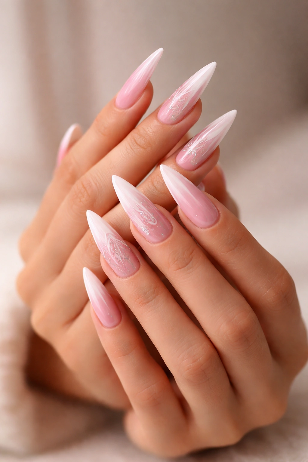 Close-up of hands with pink and white stiletto nails in a thoughtful pose