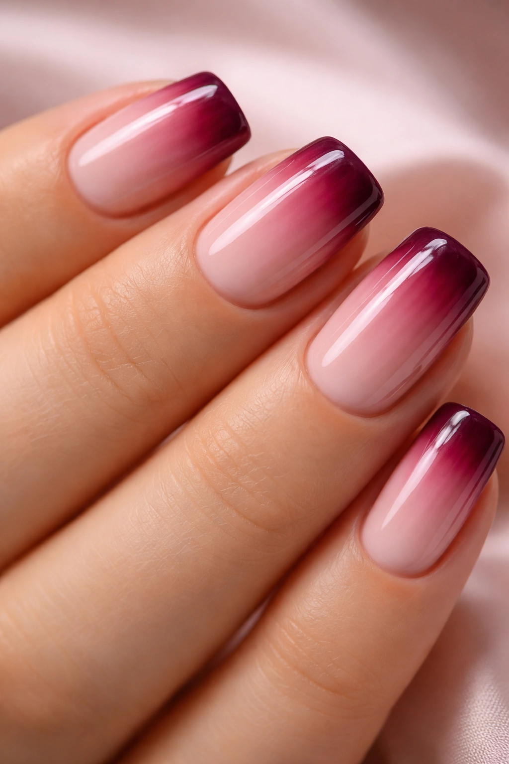 Close-up of short squoval nails with blush pink to berry wine ombre and gloss