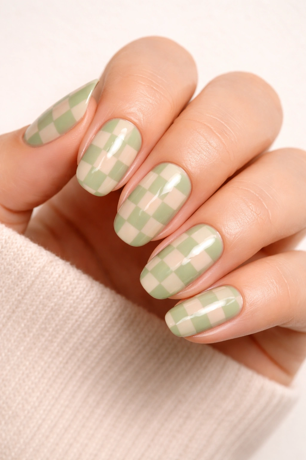 Beige nails with pistachio green checkerboard pattern