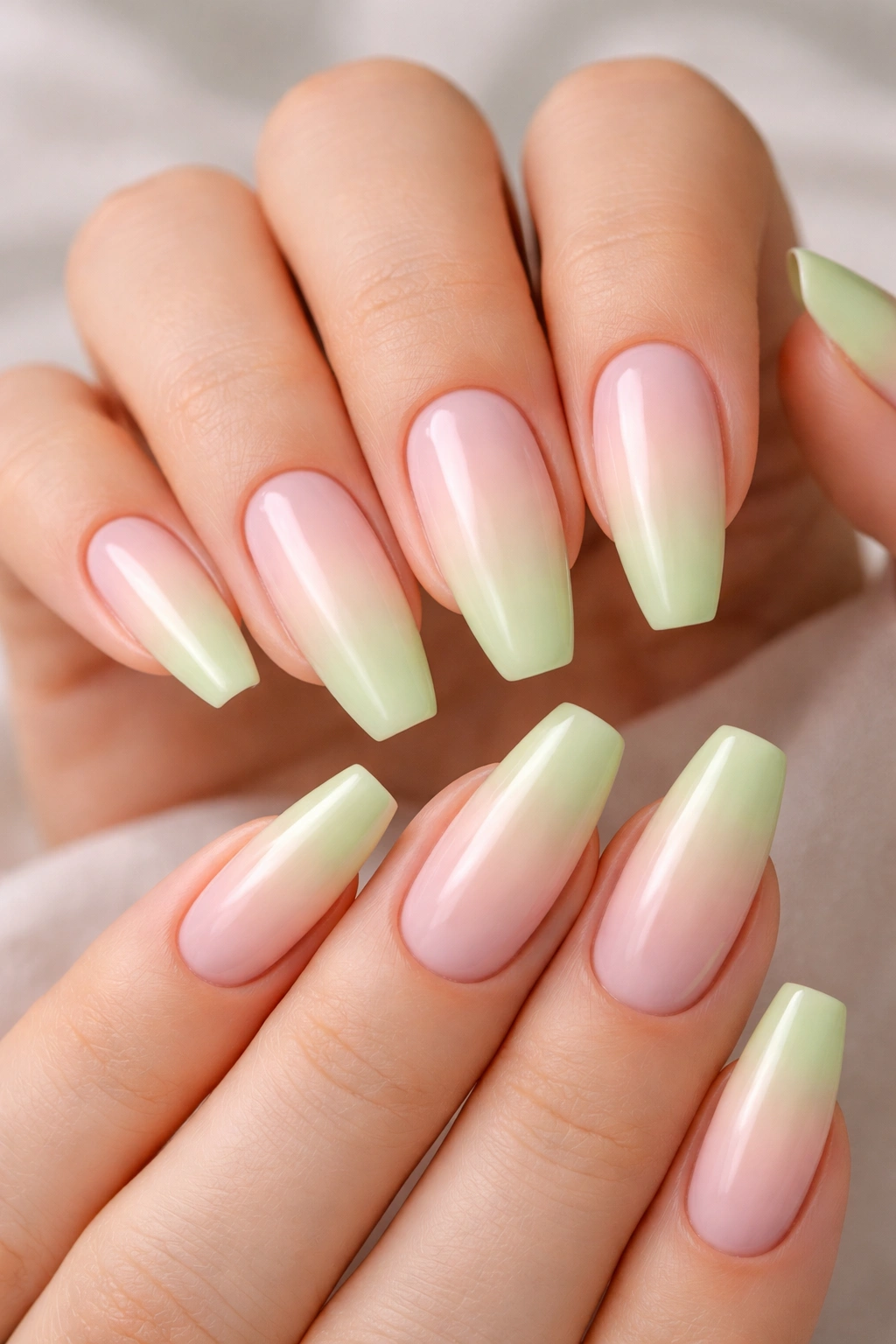 Close-up of pistachio green French fade on ballerina nails with milky base.