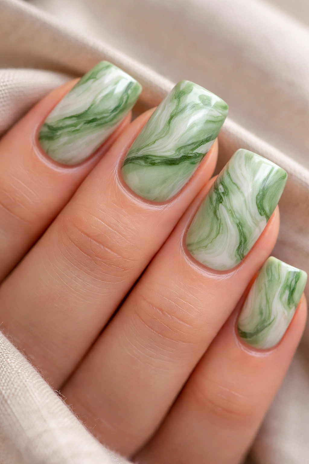 Close-up of pistachio green nails with marble swirls on short nails