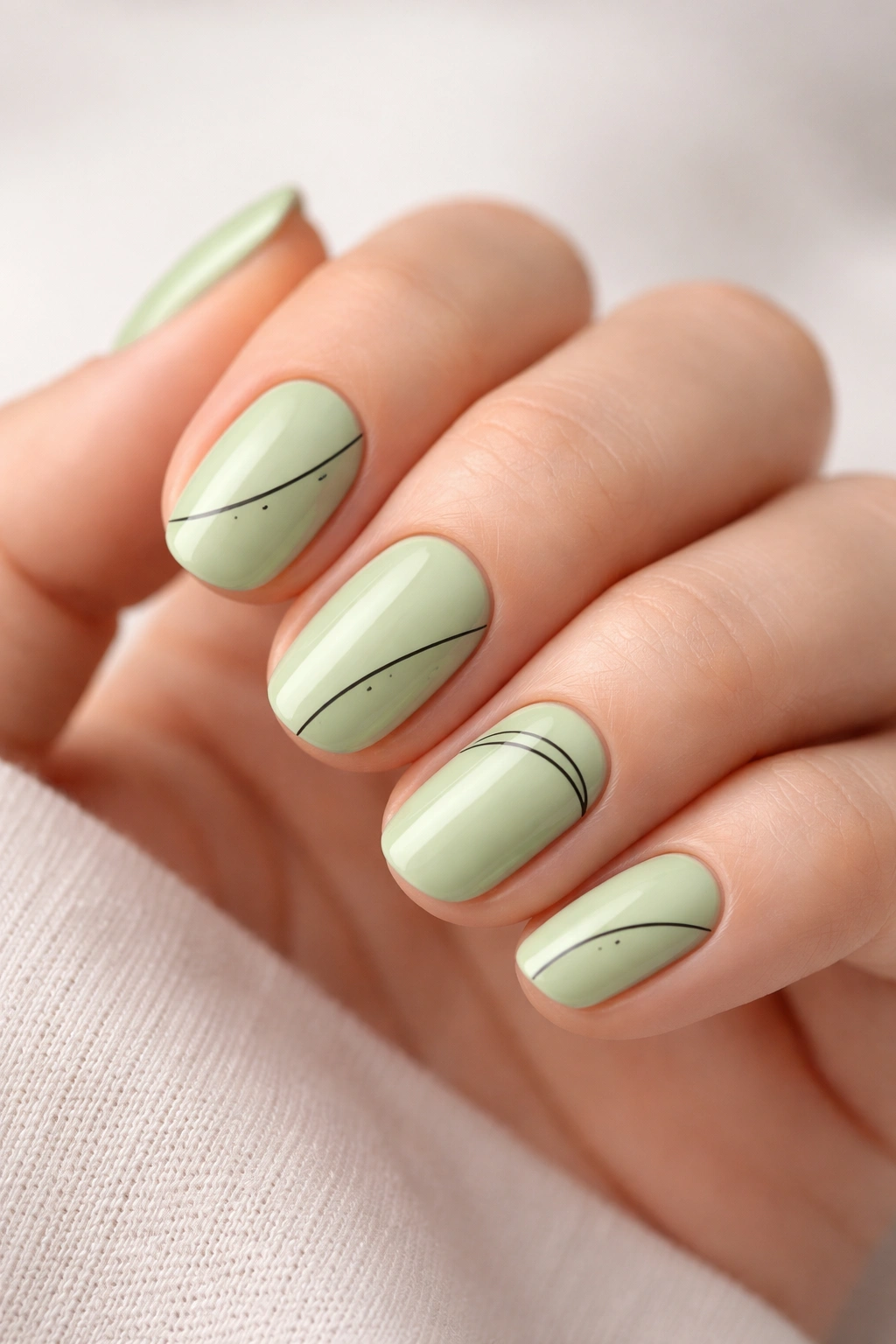Pistachio green short oval nails with minimalist black line art on each nail
