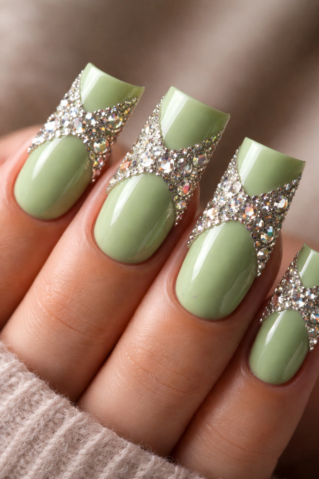 Pistachio green duck nails with rhinestones on tip in geometric pattern