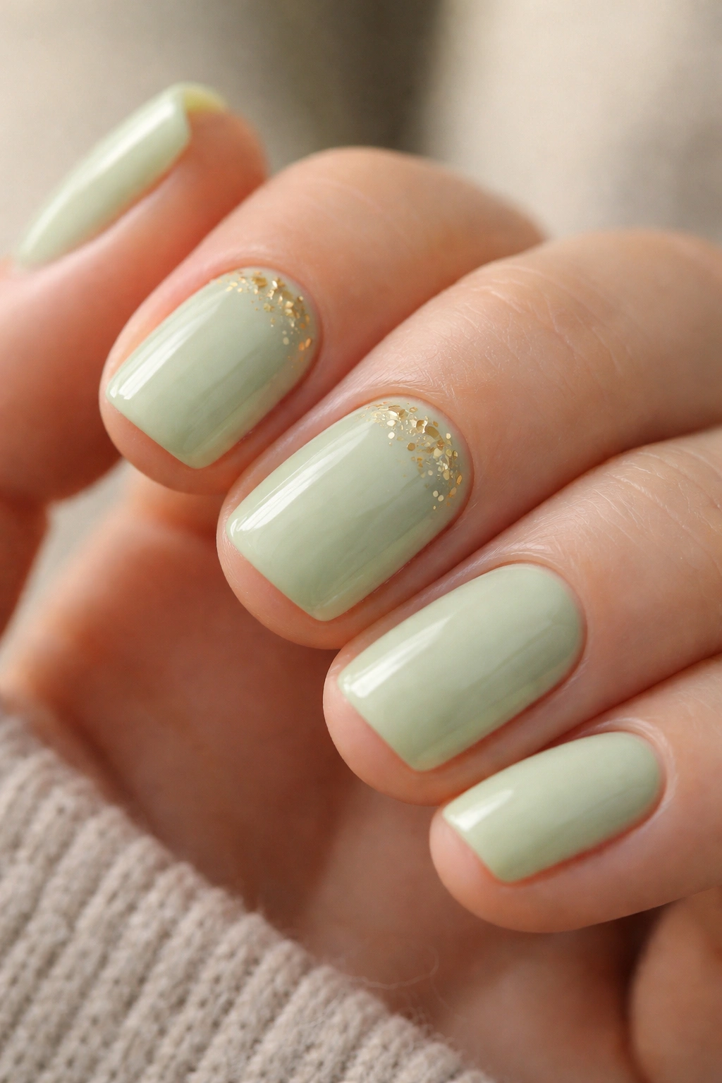 Pistachio green nails with tiny gold confetti near the cuticle