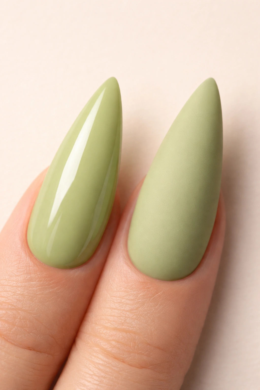 Two pistachio stiletto nails, one glossy and one matte.