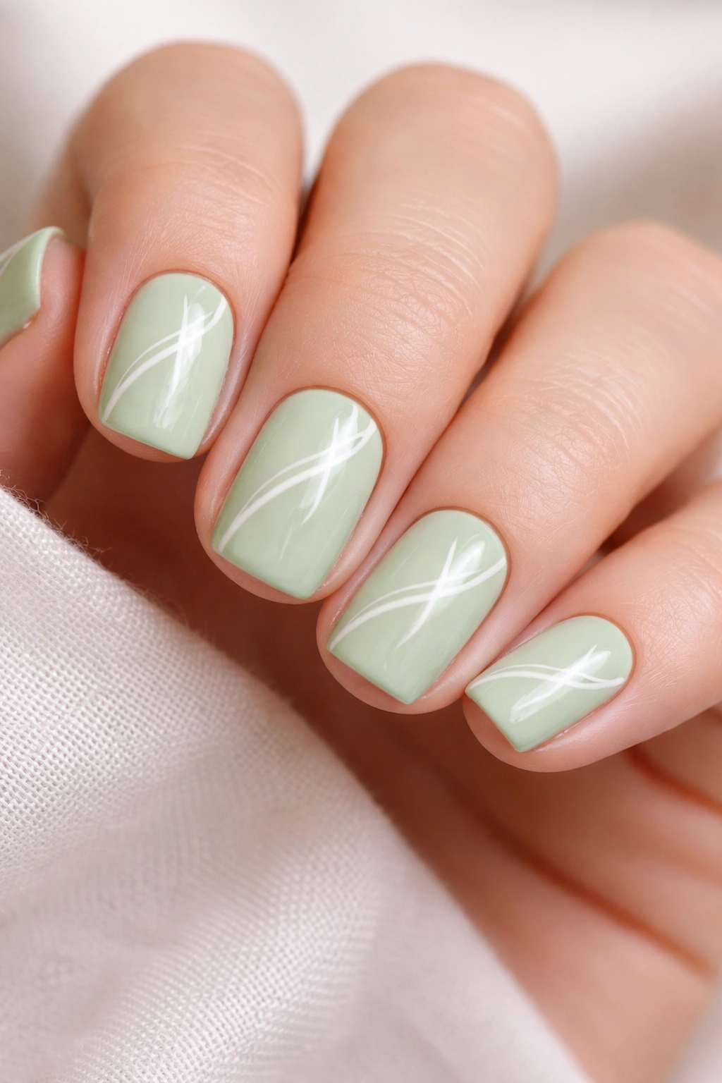 Close-up of pistachio green short squoval nails with delicate white line art