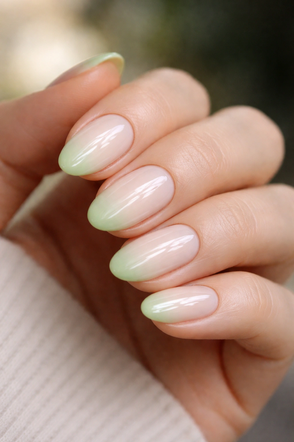 Close-up of pistachio green tips on milky white base on short almond nails