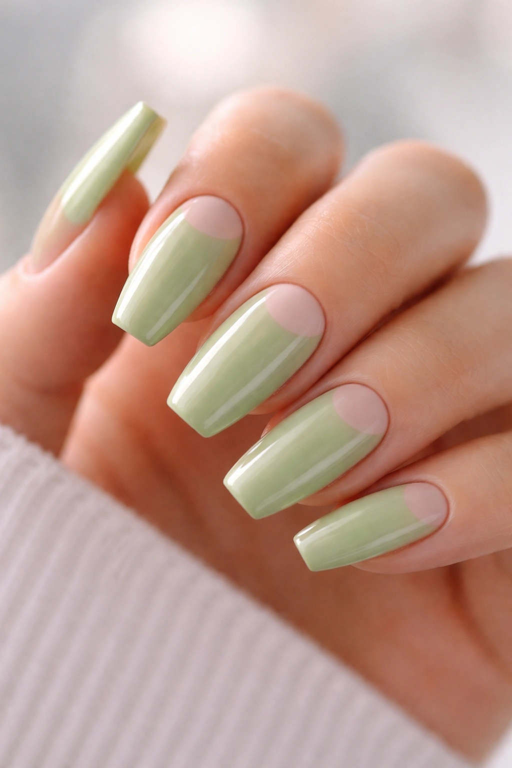 Close-up of pistachio nails with a nude half-moon near the cuticle