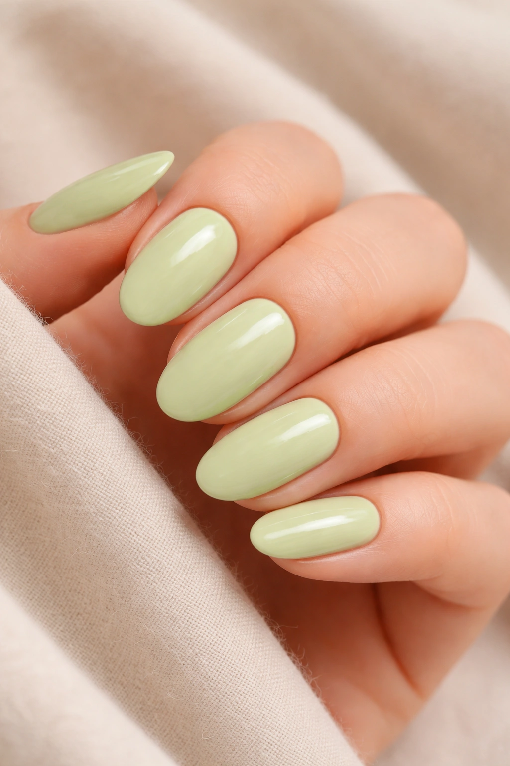 Close-up of pistachio nails in a creamy pastel manicure on a neutral backdrop