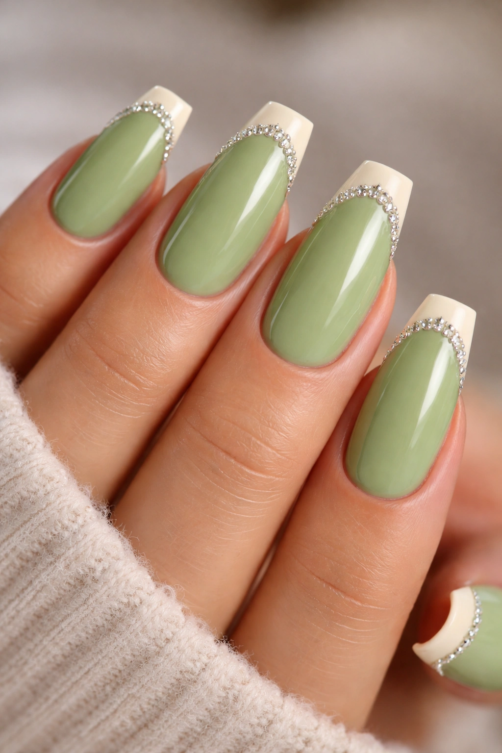 Pistachio green coffin nails with rhinestone-accented French tips