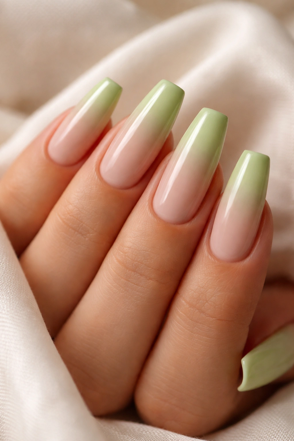 Close-up of pistachio green nails with nude gradient