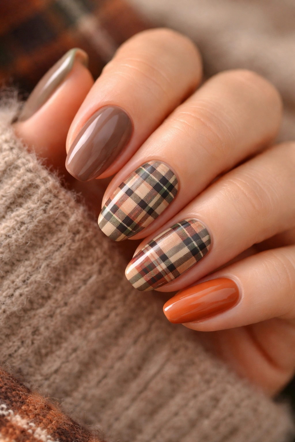 Close-up of nails featuring a muted autumn plaid pattern on accent nails