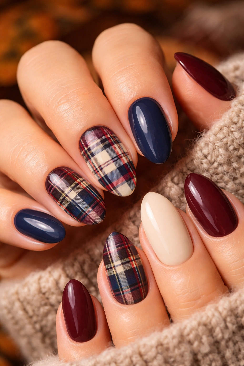 Nails with burgundy navy cream plaid pattern on accent nails